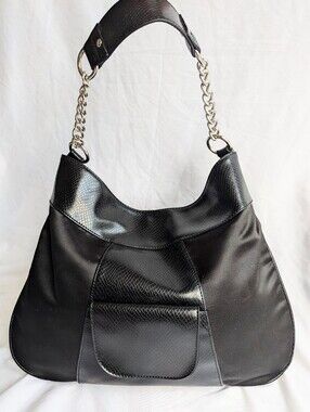 Liz Claiborne Black Hobo Shoulder Bag Snake Embossed Chain Strap
